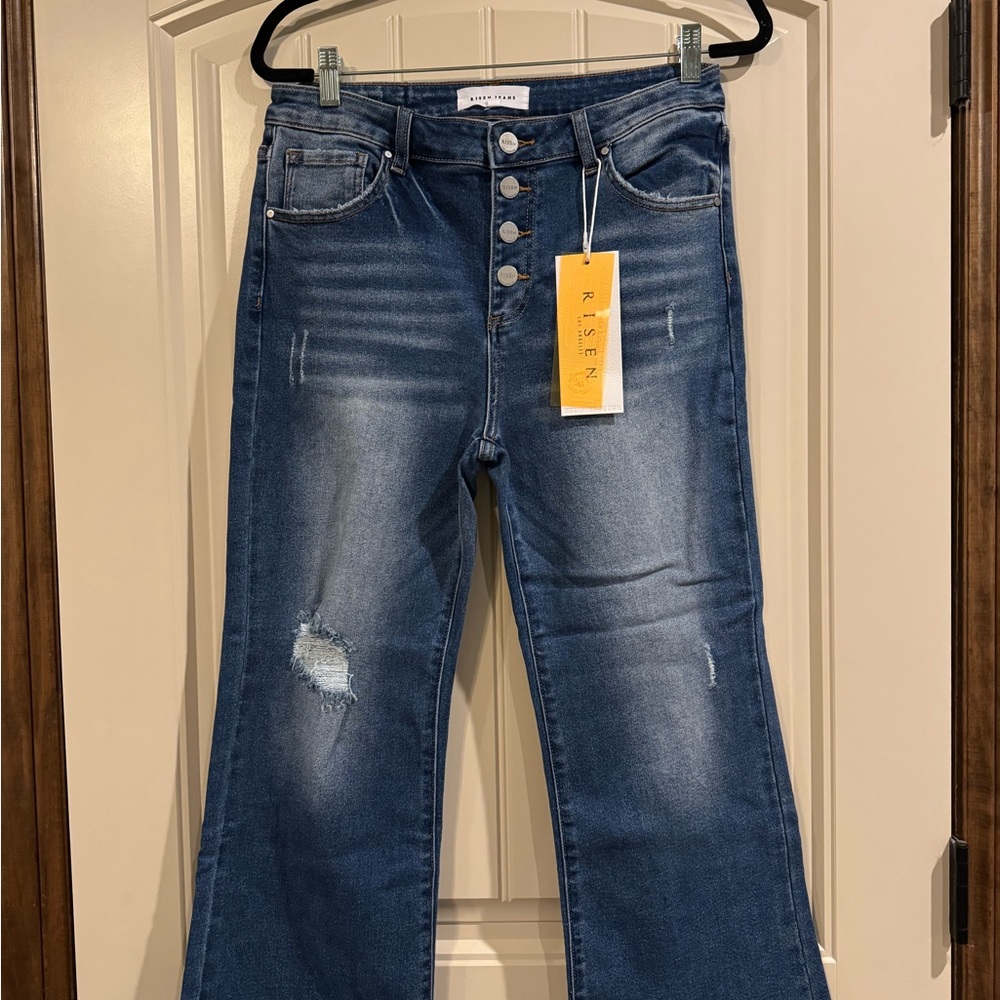 Risen High-Rise Button-Fly Wide Leg Jeans in Medium Blue Wash